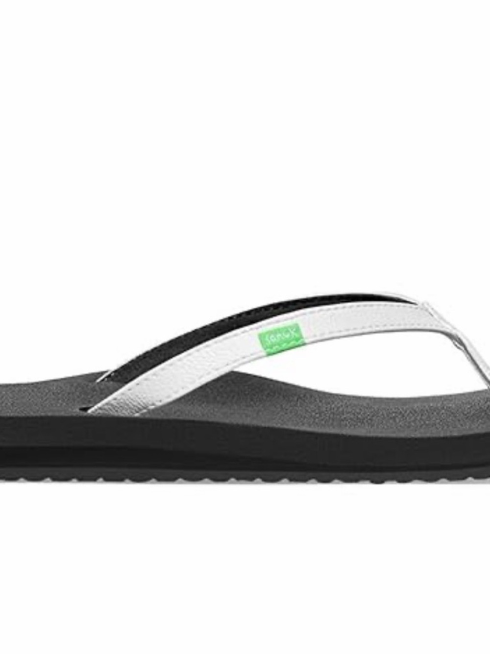 Sanuk White and Black Flip Flop with Green Logo Tab